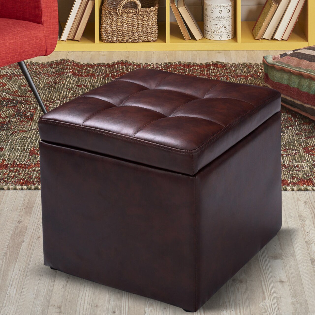 Costway 16''Cube Ottoman Pouffe Storage Box Lounge Seat Footstools with Hinge Top Red Brown/Black